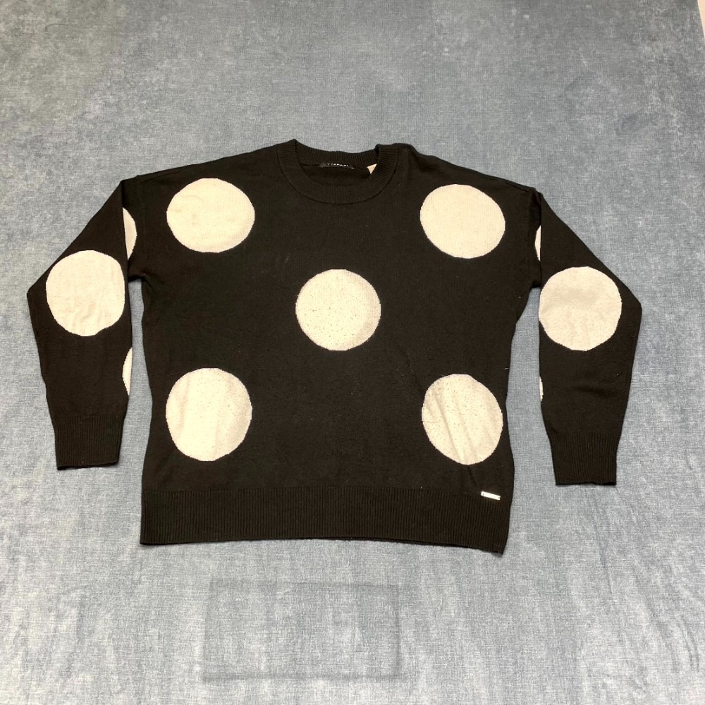 T Tahari Sweater Womens Medium Black White Polka Dots Knitted Ribbed Hem Winter